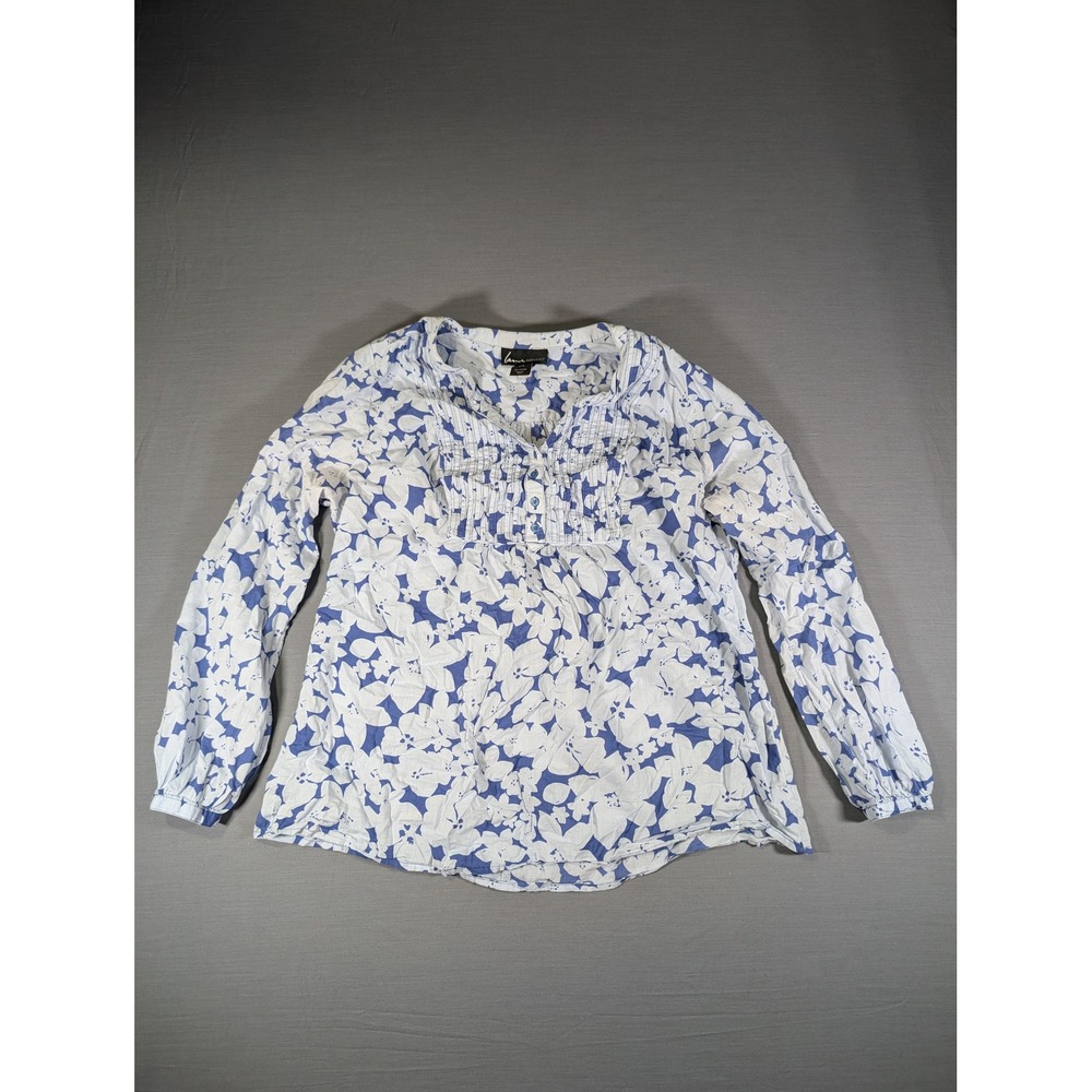 Lane Bryant Blue White Floral Cotton Pleated Bib Blouse Top Size 14/16
